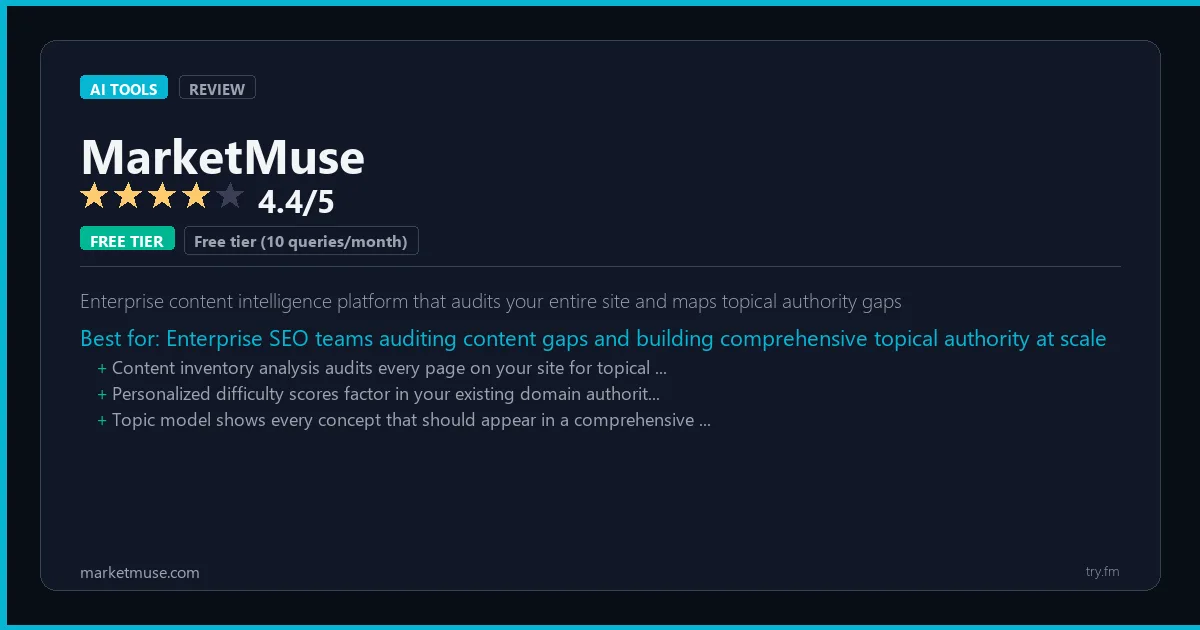 MarketMuse review - 4.4/5 rating - Enterprise content intelligence platform that audits your entire site and maps topical authority gaps