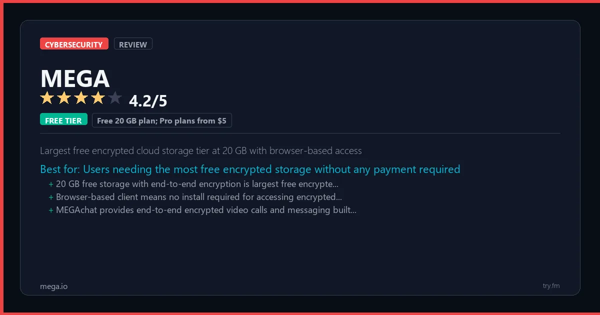 MEGA review - 4.2/5 rating - Largest free encrypted cloud storage tier at 20 GB with browser-based access
