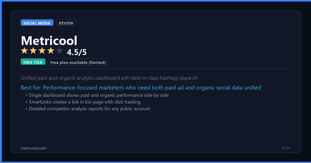 Metricool review - 4.5/5 rating - Unified paid-and-organic analytics dashboard with best-in-class hashtag research