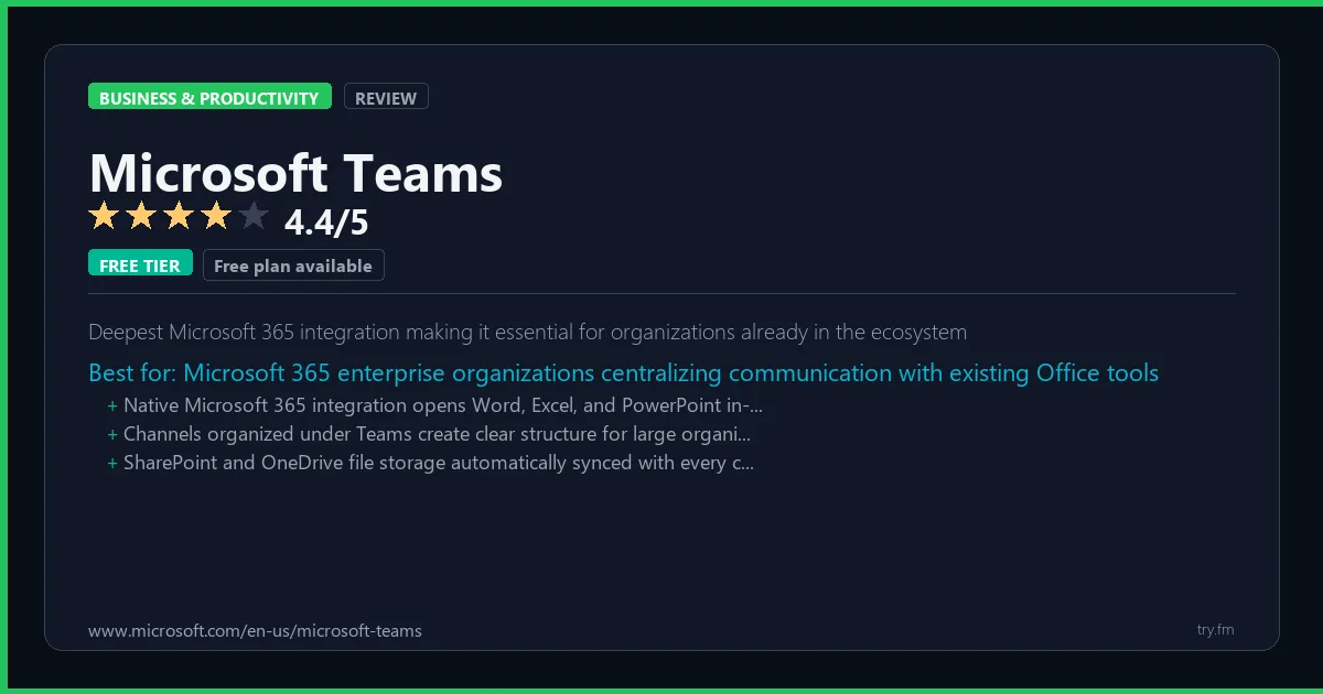 Microsoft Teams review - 4.4/5 rating - Deepest Microsoft 365 integration making it essential for organizations already in the ecosystem