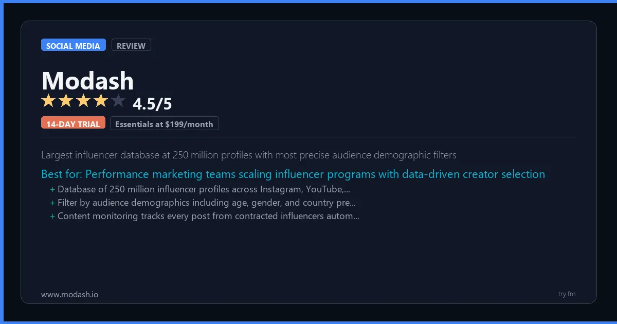 Modash review - 4.5/5 rating - Largest influencer database at 250 million profiles with most precise audience demographic filters