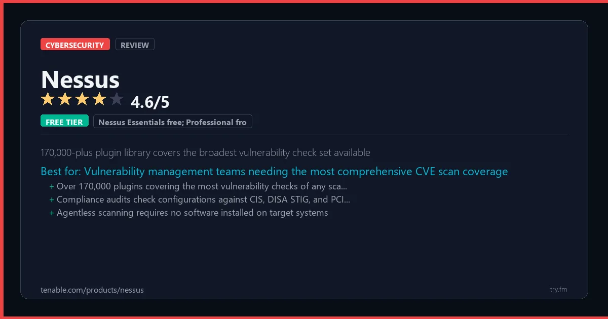 Nessus review - 4.6/5 rating - 170,000-plus plugin library covers the broadest vulnerability check set available