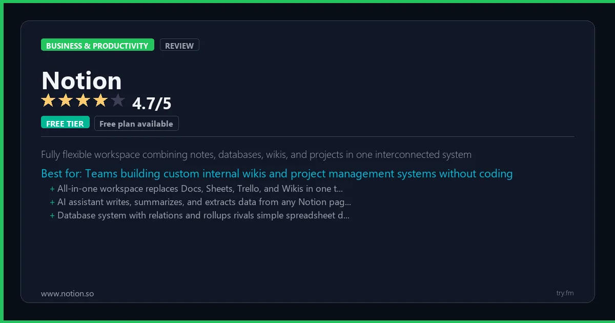 Notion review - 4.7/5 rating - Fully flexible workspace combining notes, databases, wikis, and projects in one interconnected system