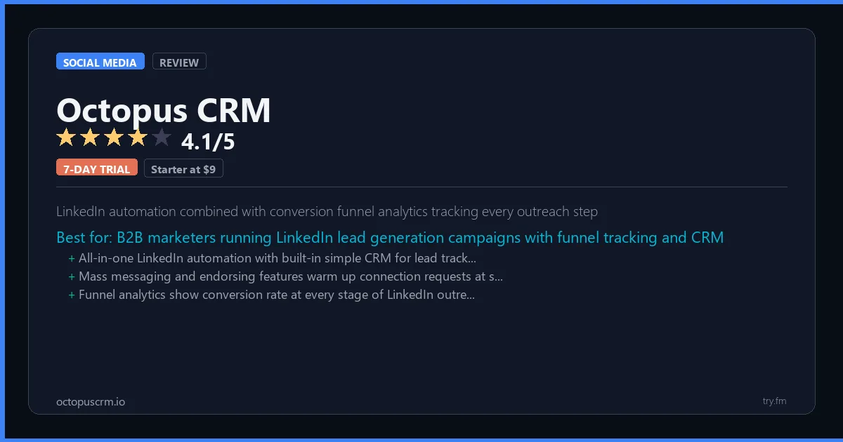 Octopus CRM review - 4.1/5 rating - LinkedIn automation combined with conversion funnel analytics tracking every outreach step