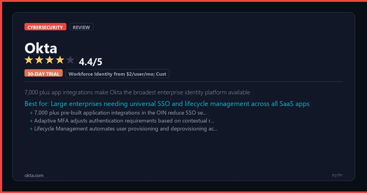 Okta review - 4.4/5 rating - 7,000 plus app integrations make Okta the broadest enterprise identity platform available