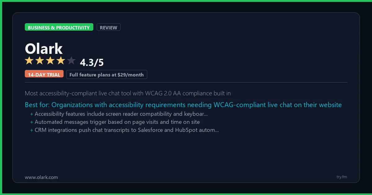 Olark review - 4.3/5 rating - Most accessibility-compliant live chat tool with WCAG 2.0 AA compliance built in