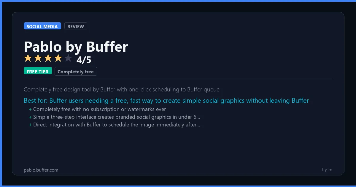 Pablo by Buffer review - 4/5 rating - Completely free design tool by Buffer with one-click scheduling to Buffer queue