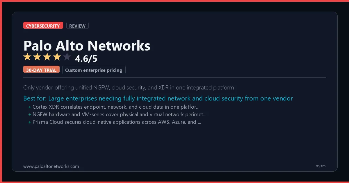 Palo Alto Networks review - 4.6/5 rating - Only vendor offering unified NGFW, cloud security, and XDR in one integrated platform