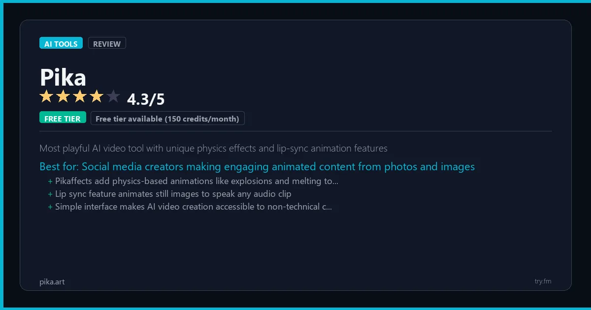 Pika review - 4.3/5 rating - Most playful AI video tool with unique physics effects and lip-sync animation features
