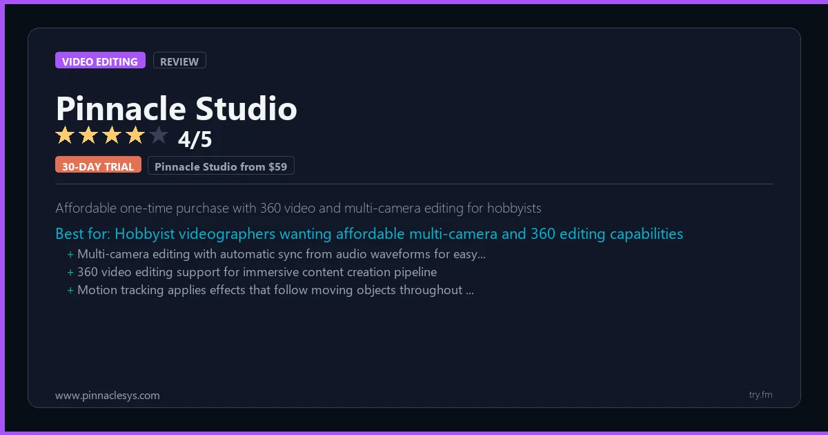 Pinnacle Studio review - 4/5 rating - Affordable one-time purchase with 360 video and multi-camera editing for hobbyists