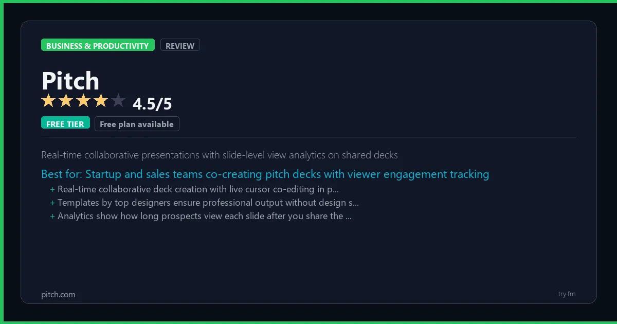 Pitch review - 4.5/5 rating - Real-time collaborative presentations with slide-level view analytics on shared decks
