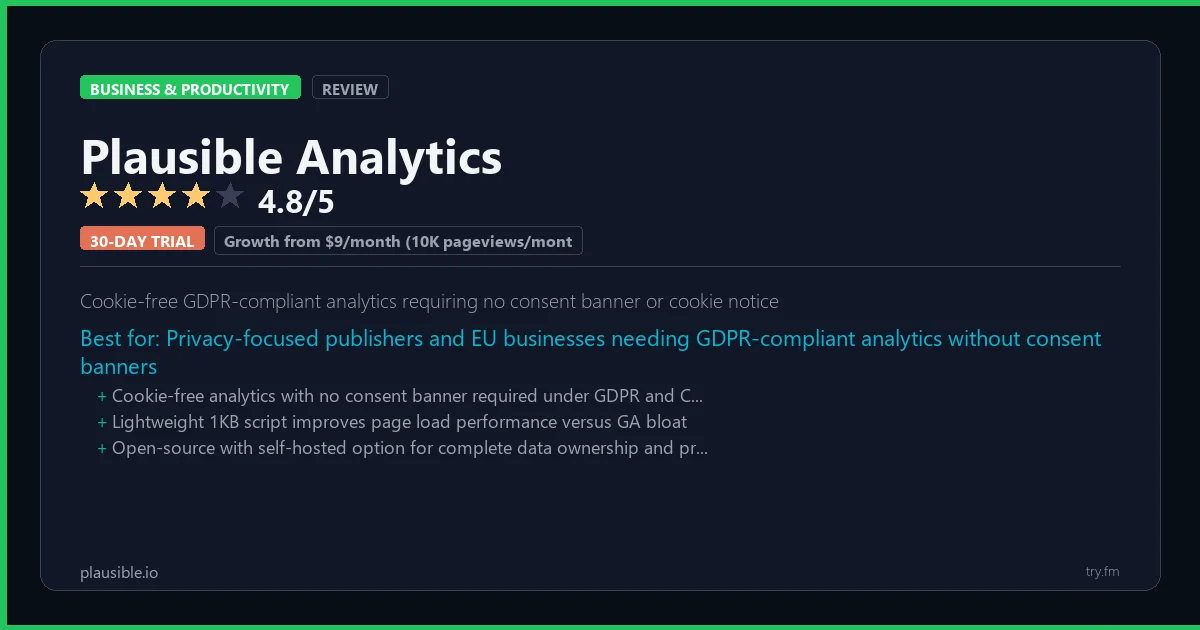 Plausible Analytics review - 4.8/5 rating - Cookie-free GDPR-compliant analytics requiring no consent banner or cookie notice