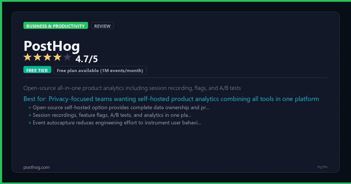 PostHog review - 4.7/5 rating - Open-source all-in-one product analytics including session recording, flags, and A/B tests