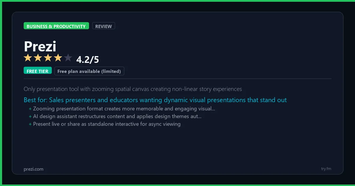 Prezi review - 4.2/5 rating - Only presentation tool with zooming spatial canvas creating non-linear story experiences