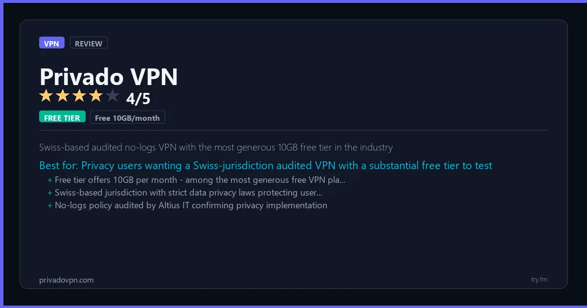 Privado VPN review - 4/5 rating - Swiss-based audited no-logs VPN with the most generous 10GB free tier in the industry