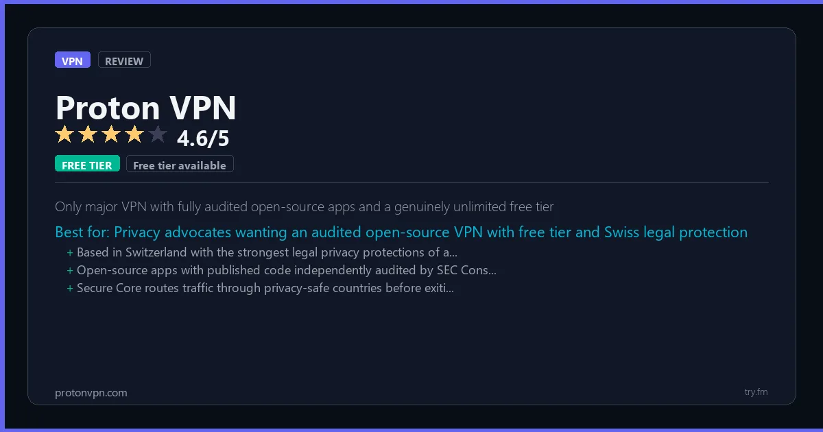 Proton VPN review - 4.6/5 rating - Only major VPN with fully audited open-source apps and a genuinely unlimited free tier
