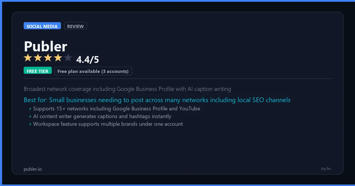 Publer review - 4.4/5 rating - Broadest network coverage including Google Business Profile with AI caption writing