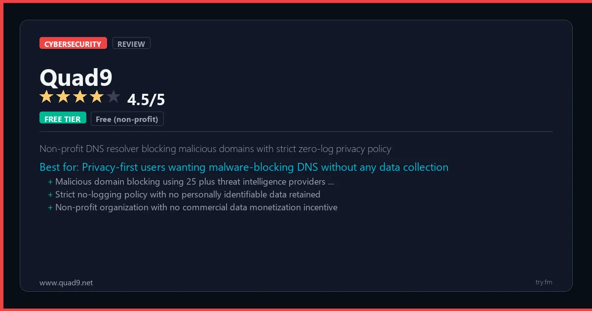 Quad9 review - 4.5/5 rating - Non-profit DNS resolver blocking malicious domains with strict zero-log privacy policy