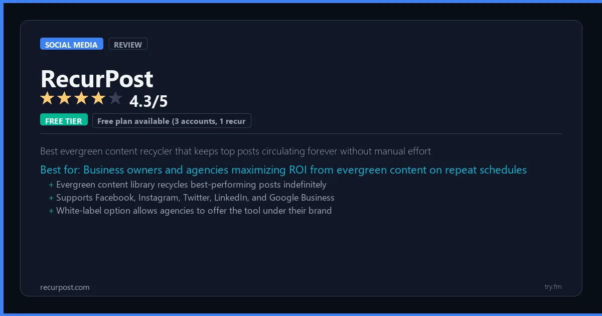 RecurPost review - 4.3/5 rating - Best evergreen content recycler that keeps top posts circulating forever without manual effort