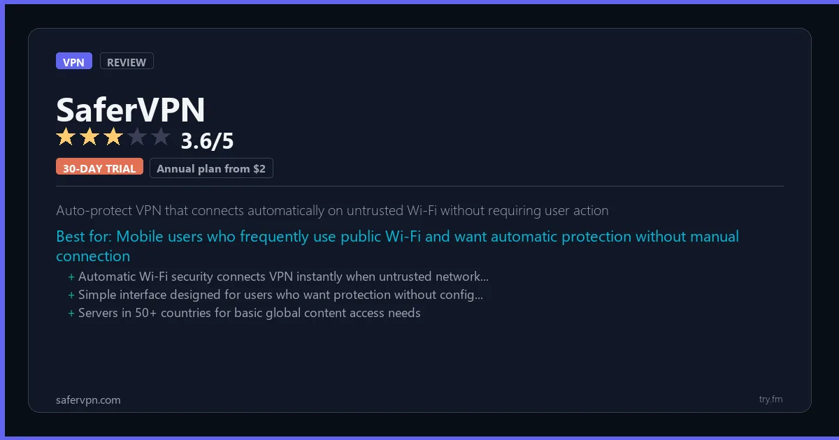 SaferVPN review - 3.6/5 rating - Auto-protect VPN that connects automatically on untrusted Wi-Fi without requiring user action