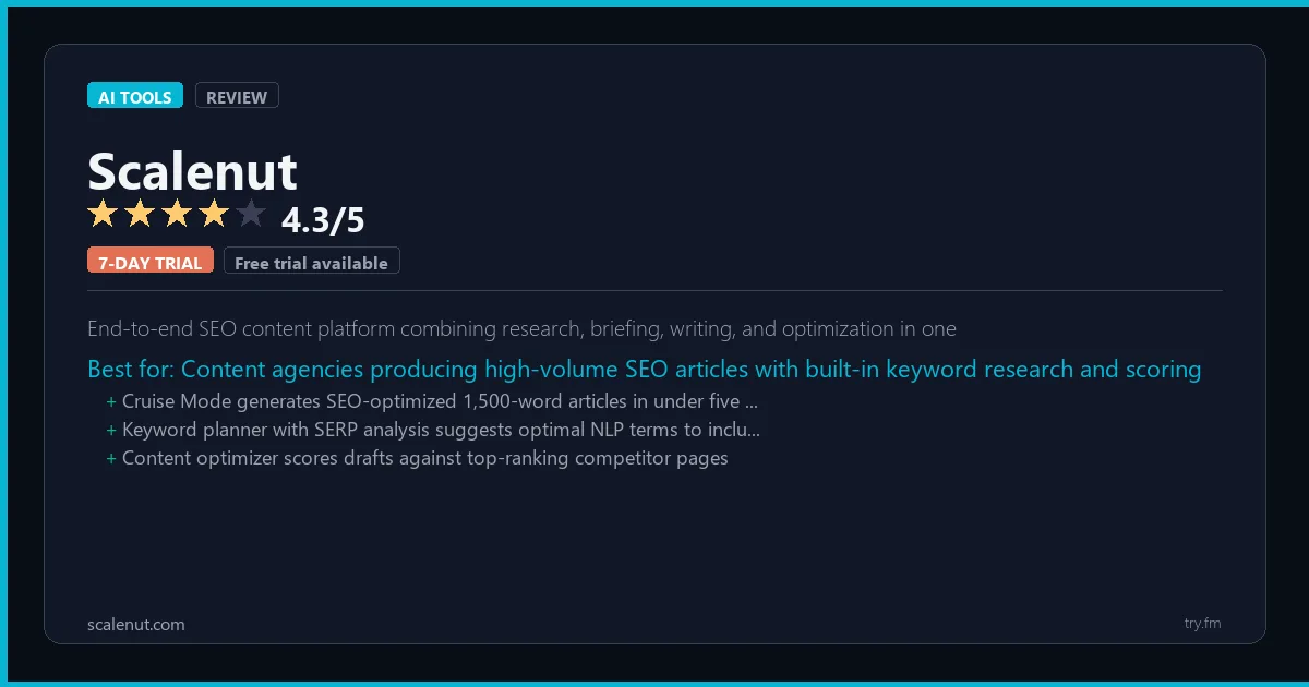 Scalenut review - 4.3/5 rating - End-to-end SEO content platform combining research, briefing, writing, and optimization in one