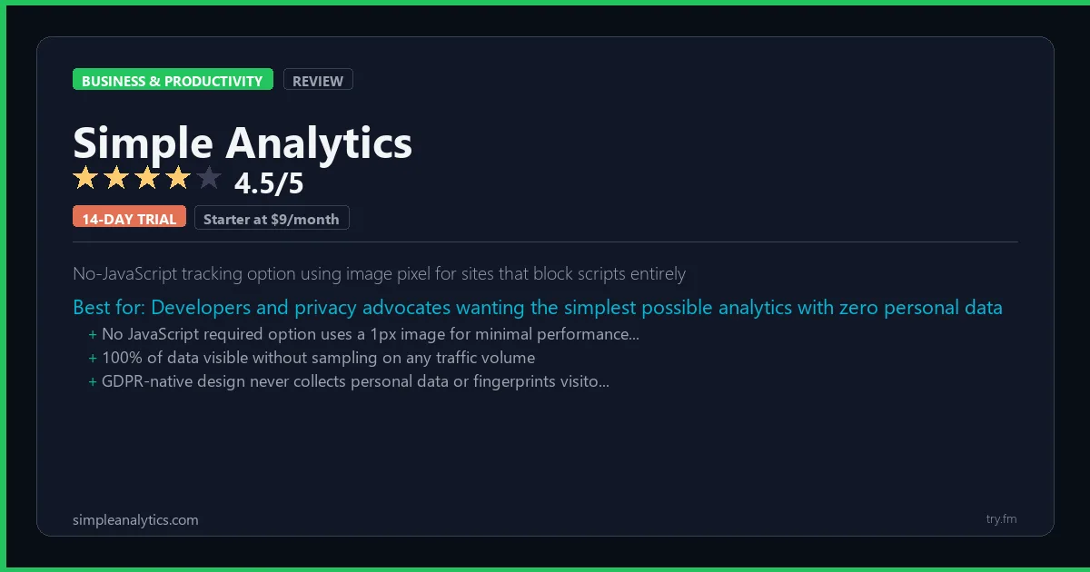 Simple Analytics review - 4.5/5 rating - No-JavaScript tracking option using image pixel for sites that block scripts entirely