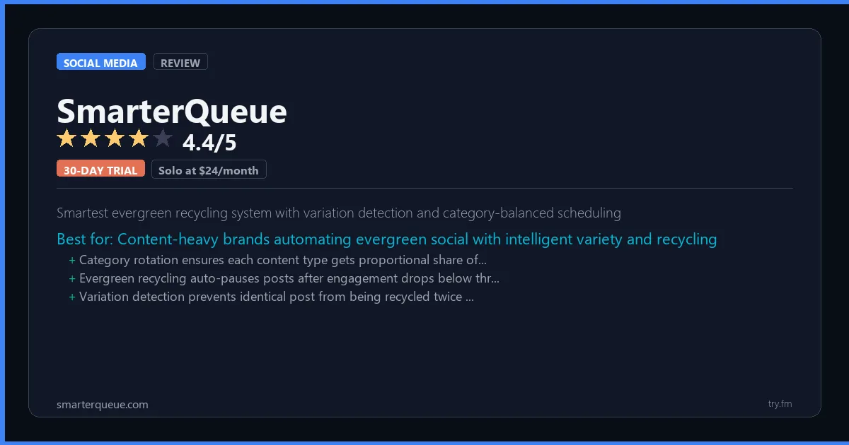 SmarterQueue review - 4.4/5 rating - Smartest evergreen recycling system with variation detection and category-balanced scheduling