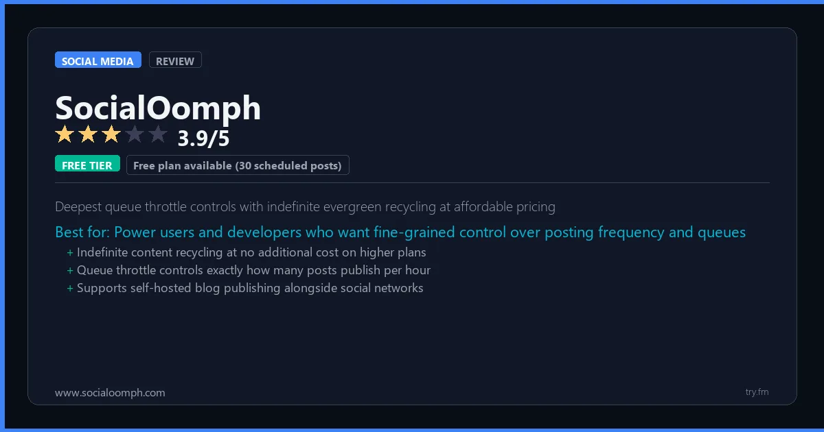 SocialOomph review - 3.9/5 rating - Deepest queue throttle controls with indefinite evergreen recycling at affordable pricing