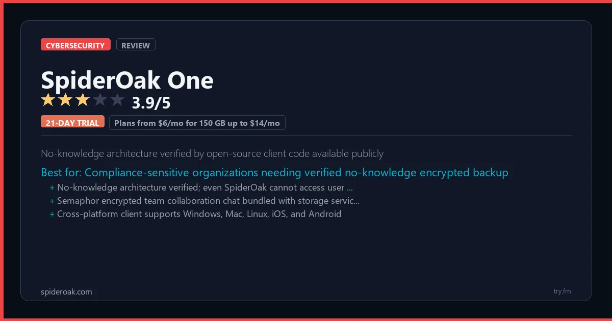 SpiderOak One review - 3.9/5 rating - No-knowledge architecture verified by open-source client code available publicly