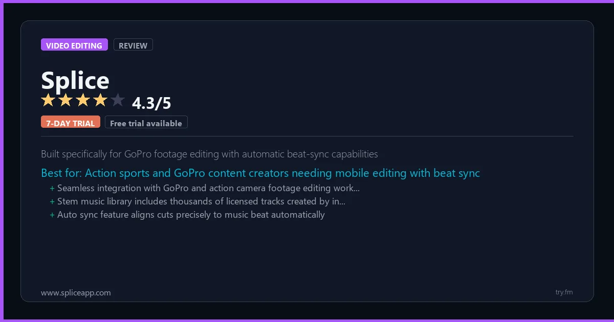 Splice review - 4.3/5 rating - Built specifically for GoPro footage editing with automatic beat-sync capabilities