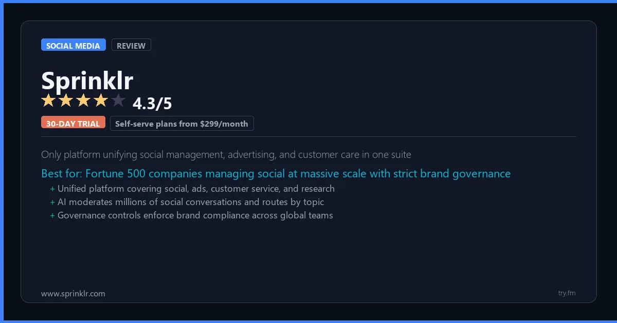 Sprinklr review - 4.3/5 rating - Only platform unifying social management, advertising, and customer care in one suite