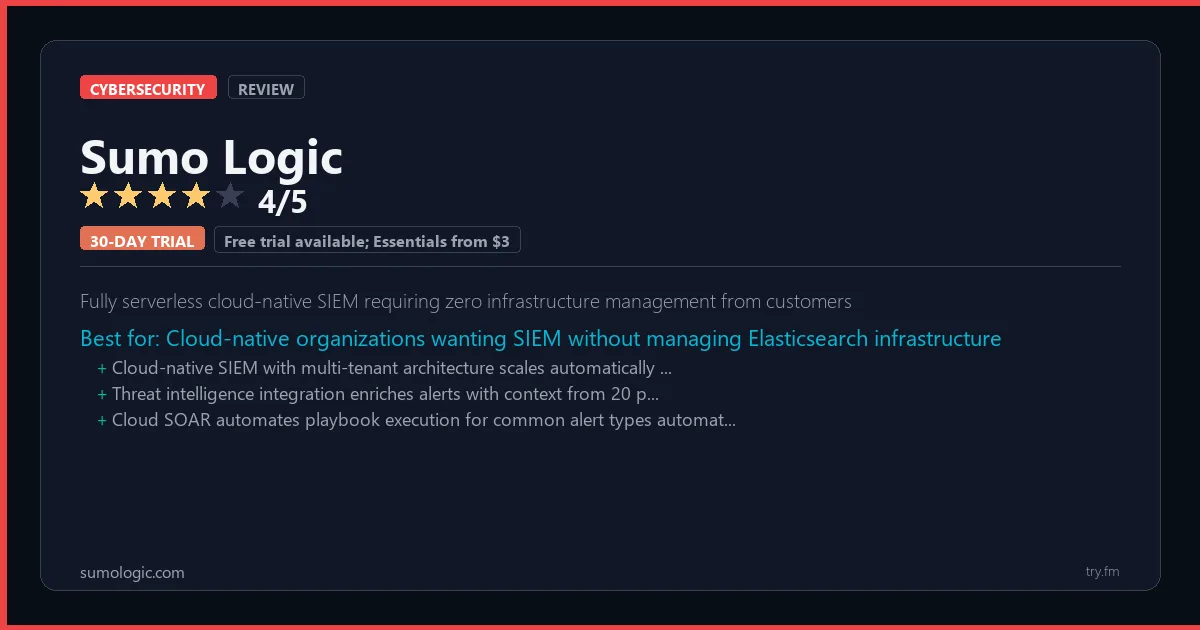 Sumo Logic review - 4/5 rating - Fully serverless cloud-native SIEM requiring zero infrastructure management from customers