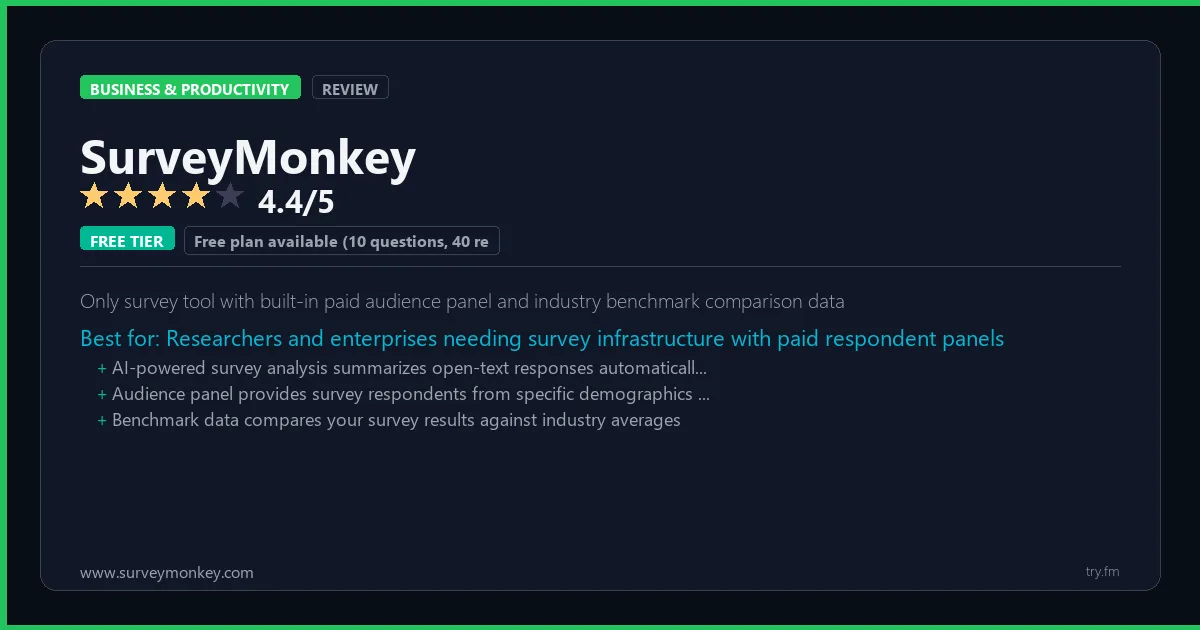SurveyMonkey review - 4.4/5 rating - Only survey tool with built-in paid audience panel and industry benchmark comparison data