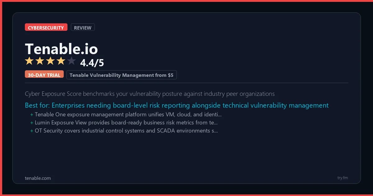 Tenable.io review - 4.4/5 rating - Cyber Exposure Score benchmarks your vulnerability posture against industry peer organizations