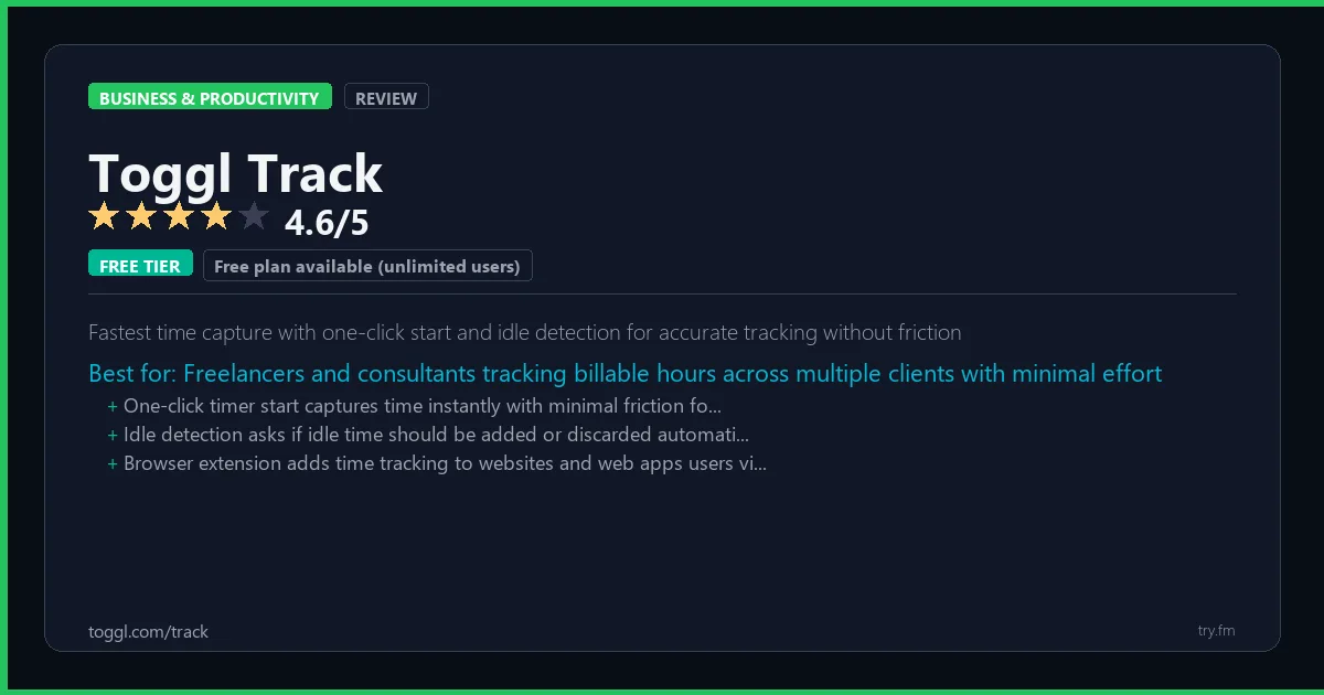 Toggl Track review - 4.6/5 rating - Fastest time capture with one-click start and idle detection for accurate tracking without friction