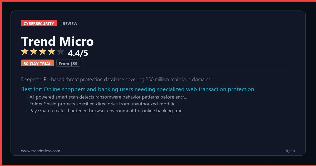Trend Micro review - 4.4/5 rating - Deepest URL-based threat protection database covering 250 million malicious domains