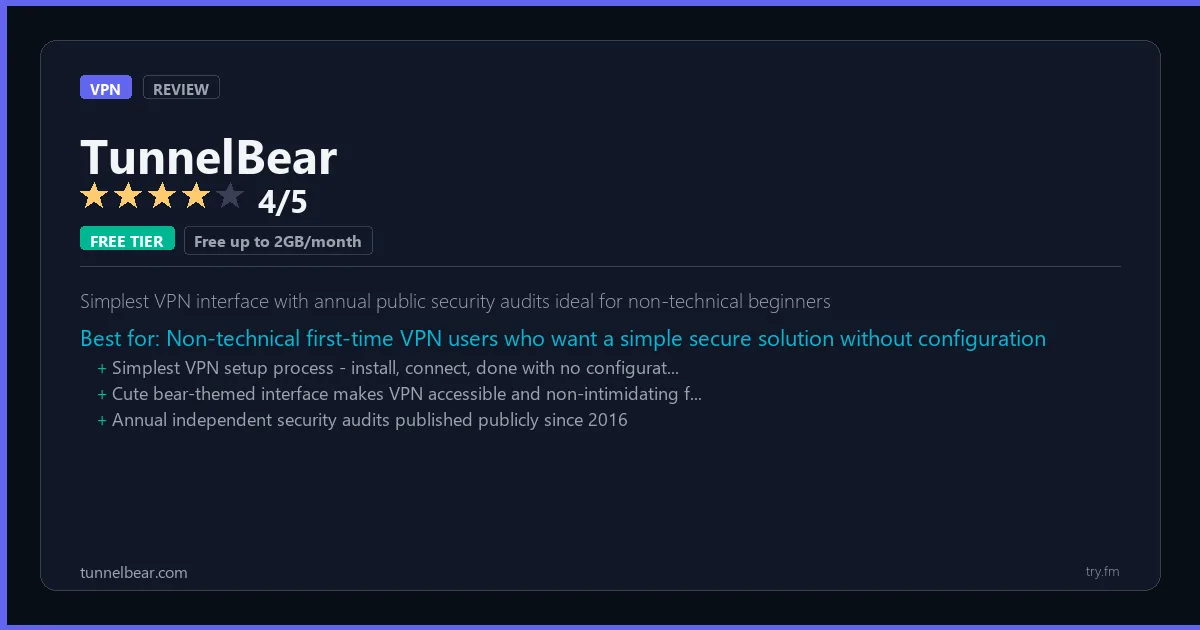 TunnelBear review - 4/5 rating - Simplest VPN interface with annual public security audits ideal for non-technical beginners