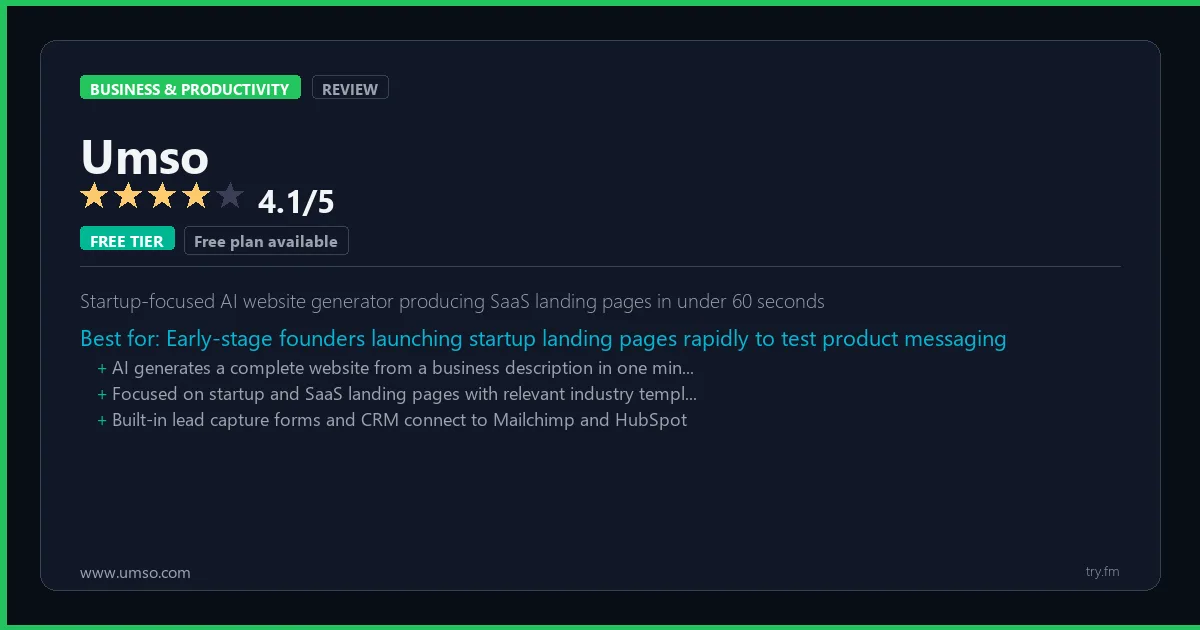 Umso review - 4.1/5 rating - Startup-focused AI website generator producing SaaS landing pages in under 60 seconds