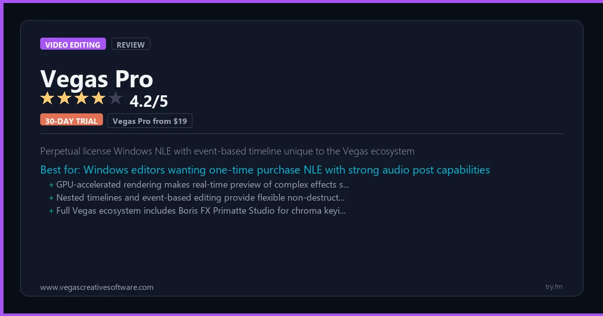 Vegas Pro review - 4.2/5 rating - Perpetual license Windows NLE with event-based timeline unique to the Vegas ecosystem