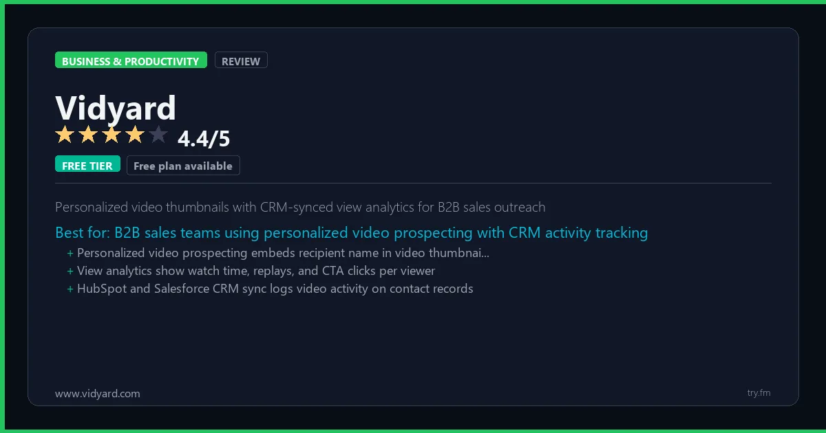 Vidyard review - 4.4/5 rating - Personalized video thumbnails with CRM-synced view analytics for B2B sales outreach