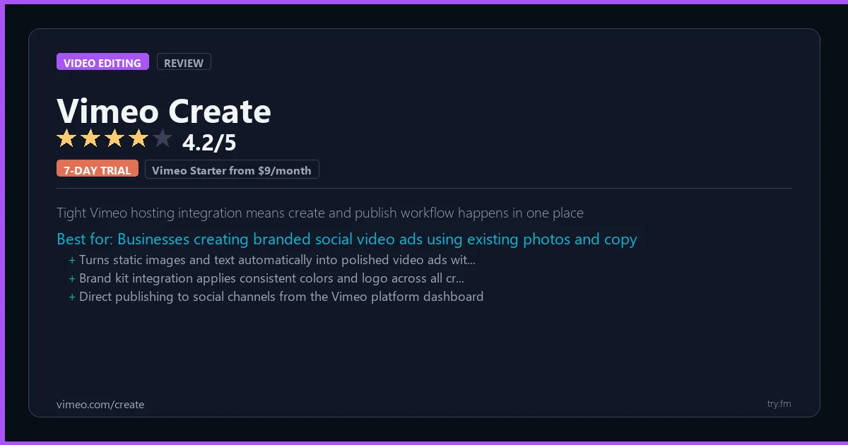 Vimeo Create review - 4.2/5 rating - Tight Vimeo hosting integration means create and publish workflow happens in one place