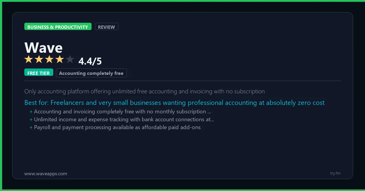 Wave review - 4.4/5 rating - Only accounting platform offering unlimited free accounting and invoicing with no subscription