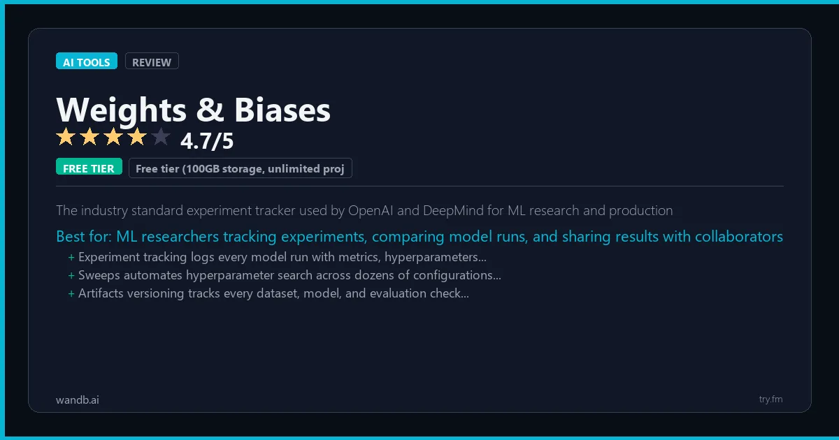 Weights & Biases review - 4.7/5 rating - The industry standard experiment tracker used by OpenAI and DeepMind for ML research and production