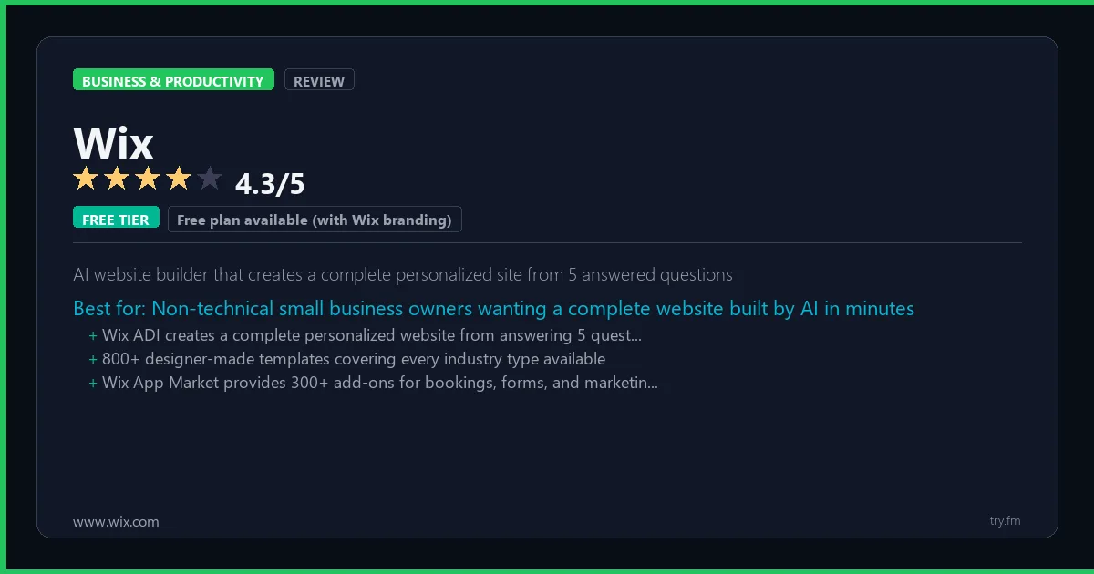 Wix review - 4.3/5 rating - AI website builder that creates a complete personalized site from 5 answered questions