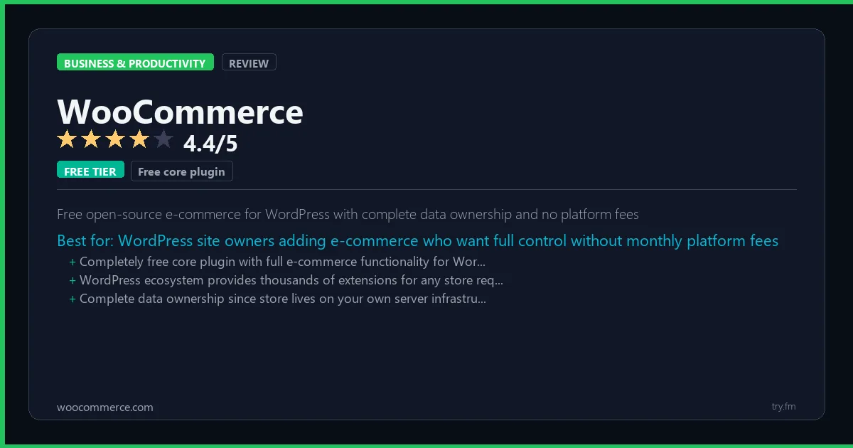 WooCommerce review - 4.4/5 rating - Free open-source e-commerce for WordPress with complete data ownership and no platform fees