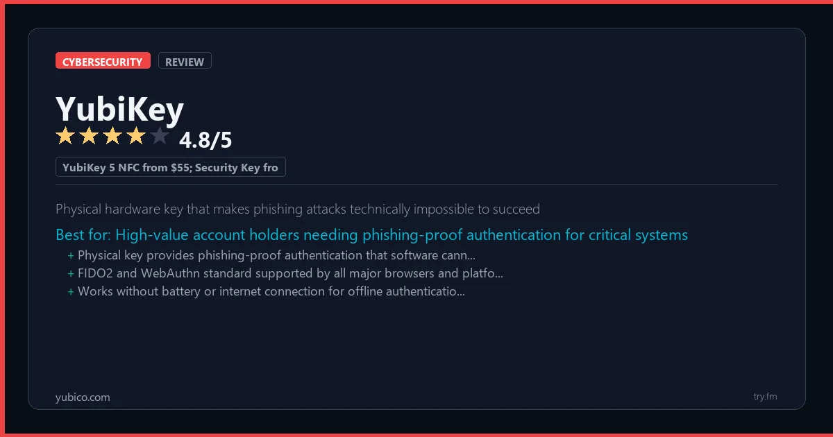 YubiKey review - 4.8/5 rating - Physical hardware key that makes phishing attacks technically impossible to succeed