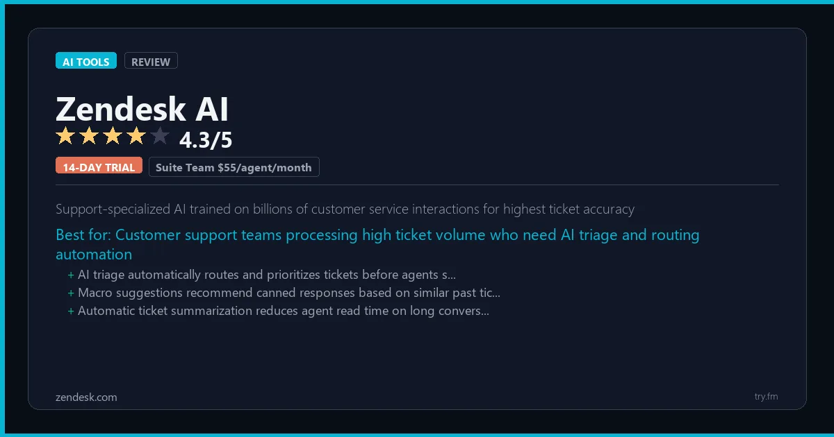 Zendesk AI review - 4.3/5 rating - Support-specialized AI trained on billions of customer service interactions for highest ticket accuracy